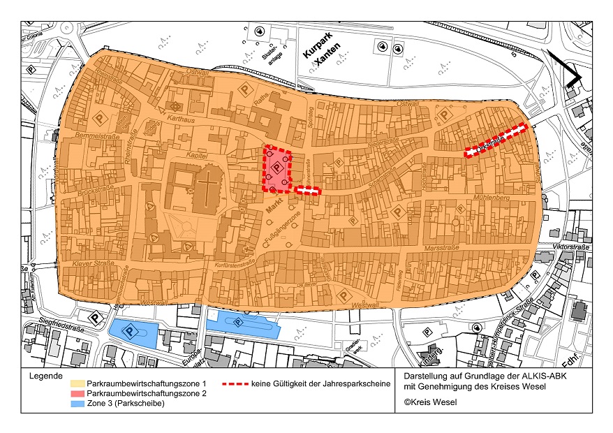 Kartenausschnitt der Innenstadt Xanten, mit farblich markierten Parkzonen