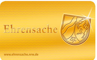 Abbildung einer Ehrenamtskarte. Auf der Karte steht "Ehrensache", daneben das Wappen des Landes Nordrhein-Westfalen. Darunter steht www.ehrensache.nrw.de geschrieben.