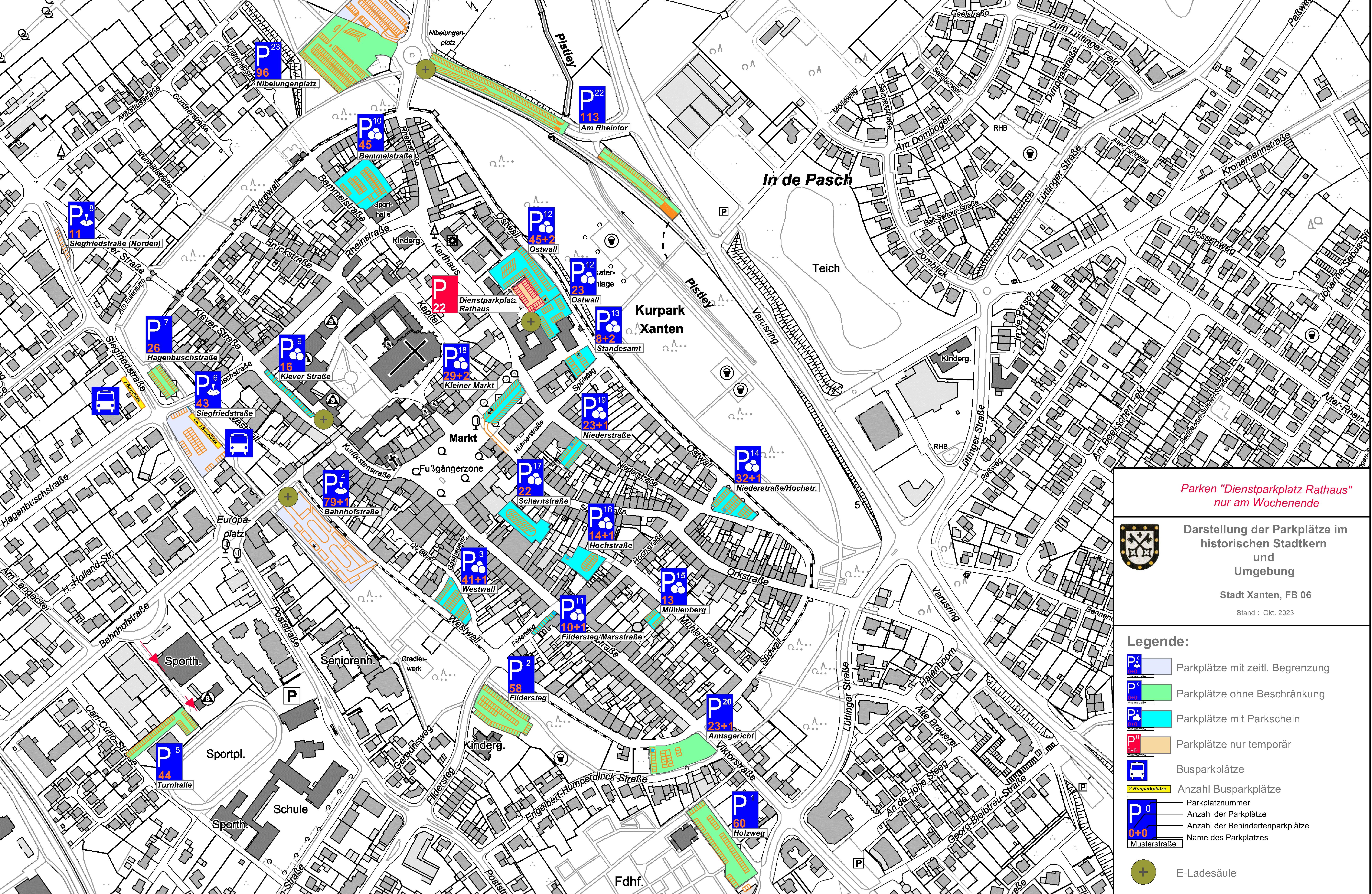 Kartenausschnitt aus dem die Innenstadt von Xanten zu sehen ist. Auf der Karte sind die Parkplätze hervorgehoben.