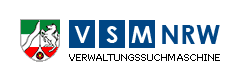 Logo der Verwaltungssuchmaschine in weißer Schrift auf blauem Grund mit Landeswappen NRW