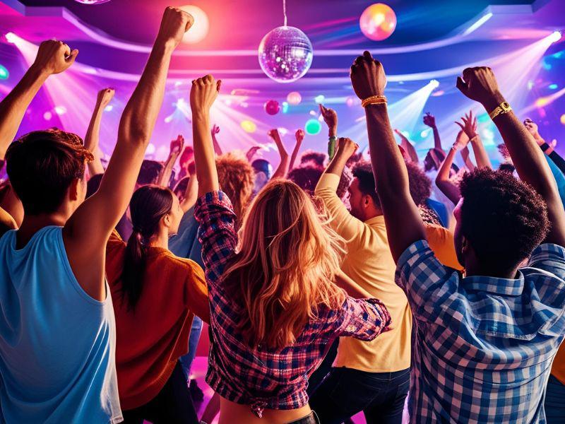 Menschen tanzen mit erhobenen Armen unter bunten Lichtern und einer Discokugel in einem Club