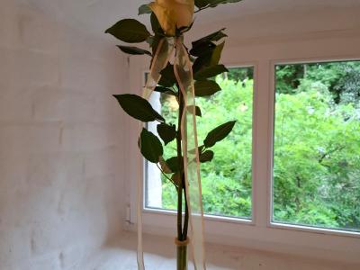 Vor einem Fenster hängt eine Blumendekoration, bestehend aus zwei weißen Rosen.