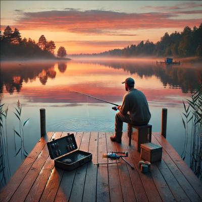 Ein Angler sitzt auf einem Steg am See. Er hält seine Angel fest. Neben ihm liegt sein Koffer. Der See ist im Licht des Sonnenaufgangs getaucht.