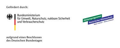 Das Bild enthält den Text " Gefördert durch: Bundesministerium für Umwelt, Naturschutz, nukleare Sicherheit und Verbraucherschutz". Links daneben ist der Bundesadler und eine Linie in Schwarz-Rot-Gelb. Rechts daneben steht in Weiß auf Grünem Hintergrund "Aktionsprogramm". Darunter in Weiß auf blauen Hintergrund "Natürlicher Klimaschutz". Darunter in Blau auf weißem Hintergrund "Natur stärken - Klima schützen". Darunter steht der Text: aufgrund eines Beschlusses des Deutschen Bundestages