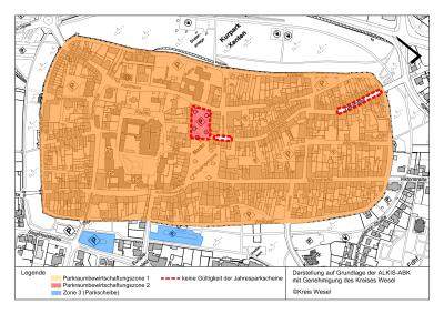 Eine Karte der Xantener Innenstadt Es sind bereiche Farbig markiert