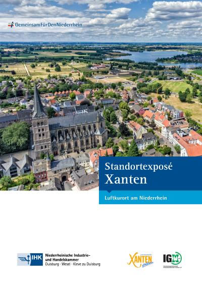 Erste Seite des Dokument Standortexpose. Es ist eine Luftaufnahme von Xanten zu sehen.