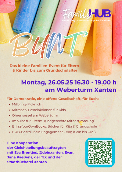 Plakat mit bunten Kreidestiften im oberen Teil, darunter die Einladung für Montag, dem 26. Mai 2025 zu der Veranstaltung am Weberturm Xanten für Familien mit Kindern bis zum Grundschulalter